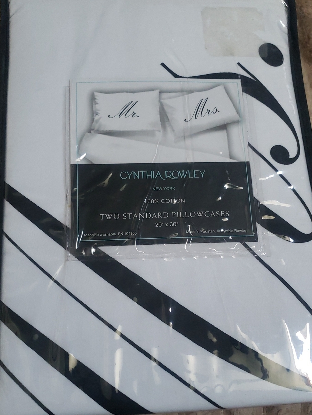 BNWT Cynthia Rowley White Pillowcases with "Mr." and "Mrs." Standard Size